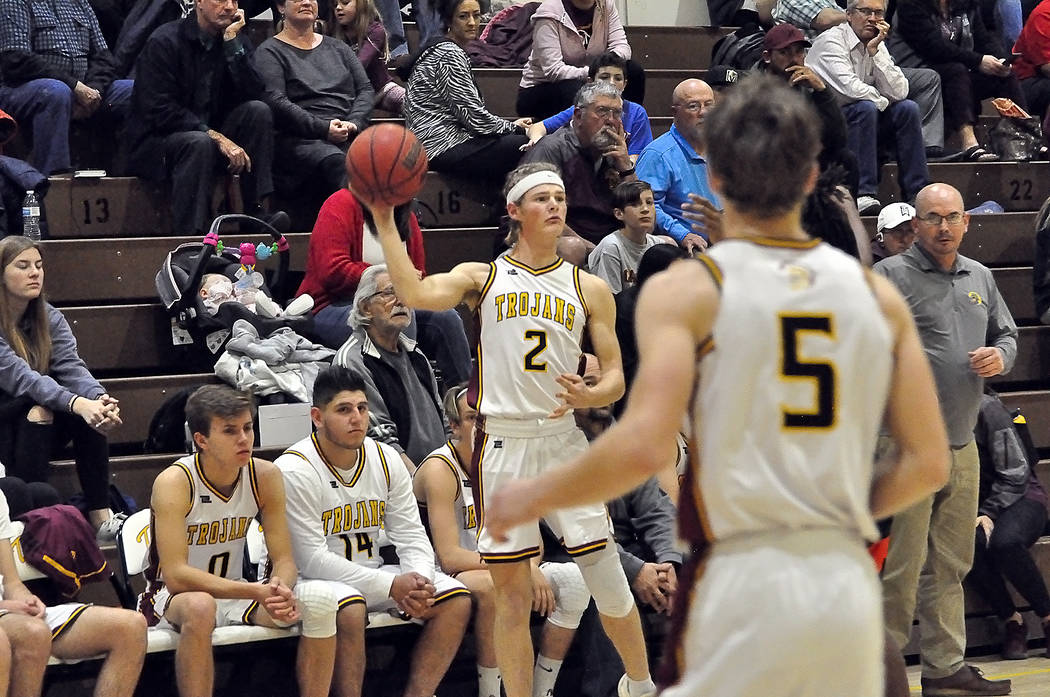 Horace Langford Jr./Pahrump Valley Times Senior guard Grant Odegard (2), looks to inbound the b ...