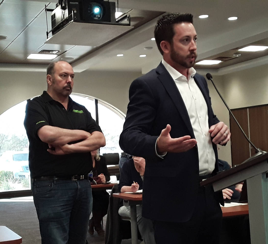 Selwyn Harris/Pahrump Valley Times Xtreme Cubes CEO Brandon Main, at podium, told VEA board mem ...