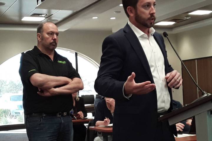 Selwyn Harris/Pahrump Valley Times Xtreme Cubes CEO Brandon Main, at podium, told VEA board mem ...