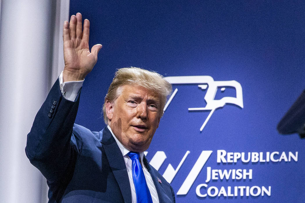 President Donald J. Trump waves goodbye to the crowd after addressing the Republican Jewish Coa ...