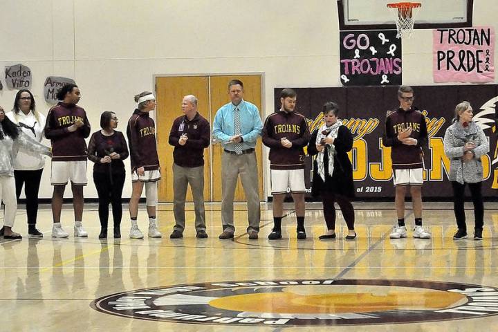 Horace Langford Jr./Pahrump Valley Times Senior basketball players, from left, Jerrick Sparkman ...
