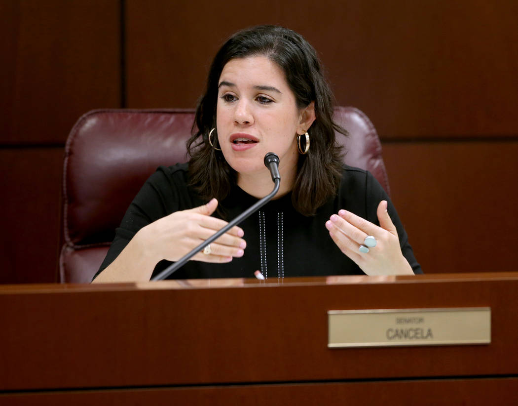 Sen. Yvanna Cancela, D-Las Vegas, asks a question during a Finance Committee meeting in the Leg ...