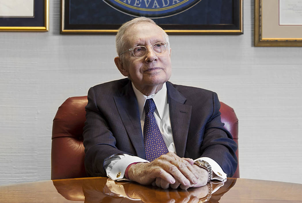 Former Sen. Harry Reid, D-Nev., sits at his office in the Bellagio in February 2019 in Las Vega ...
