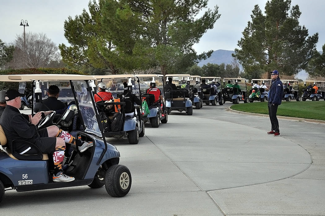 Horace Langford Jr./Pahrump Valley Times Footgolfers head out to the first tee Saturday as tour ...