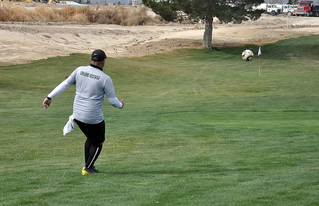 Horace Langford Jr./Pahrump Valley Times A player from the Oakland FootGolf Club sends the ball ...