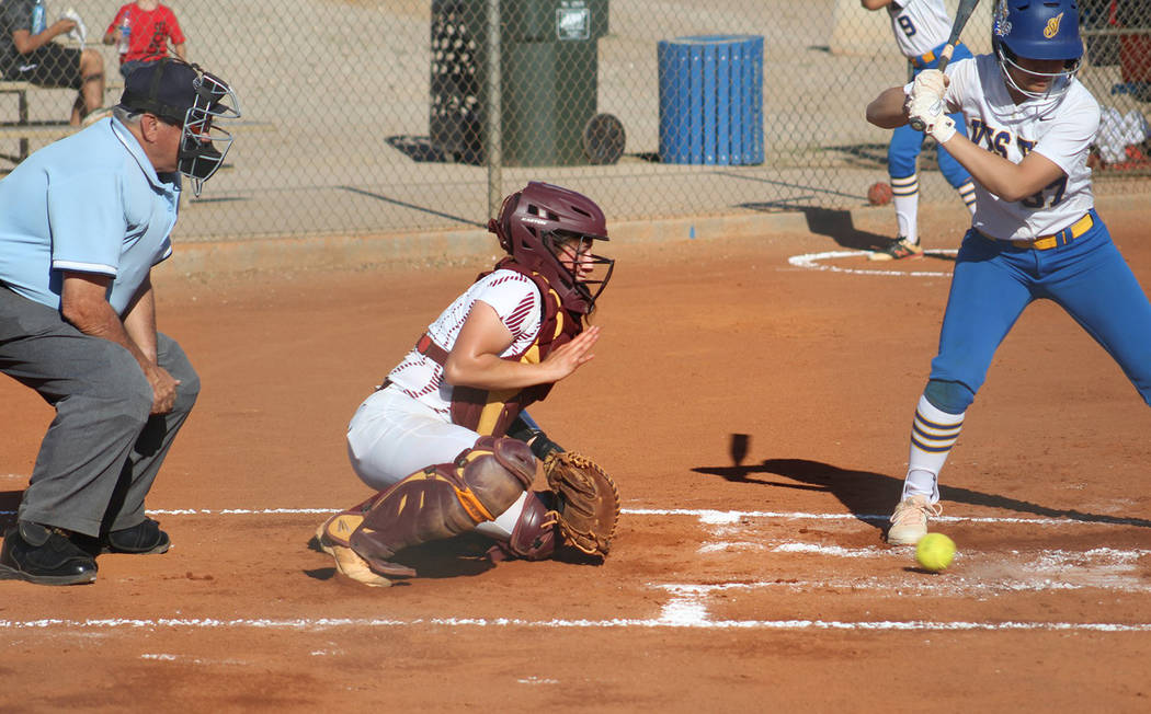 Cassondra Lauver/Special to the Pahrump Valley Times Senior catcher McKayla Bartley goes low to ...
