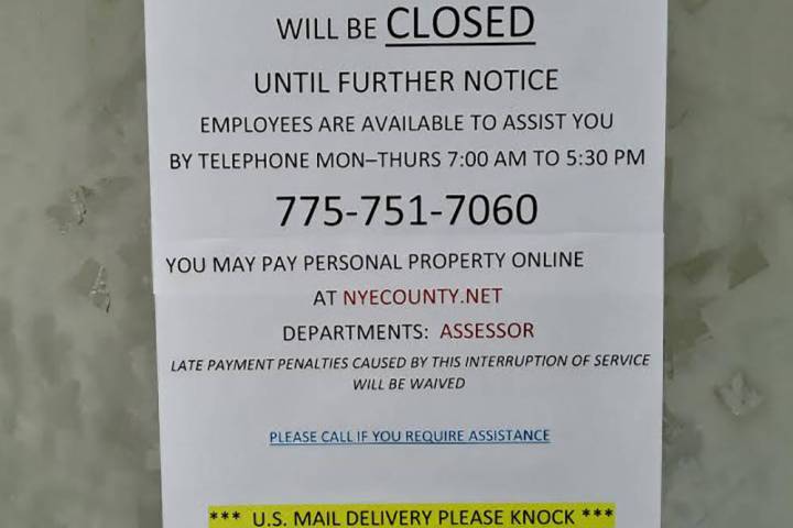 Selwyn Harris/Pahrump Valley Times A sign posted at the Nye County Assessor's Office on Monday, ...