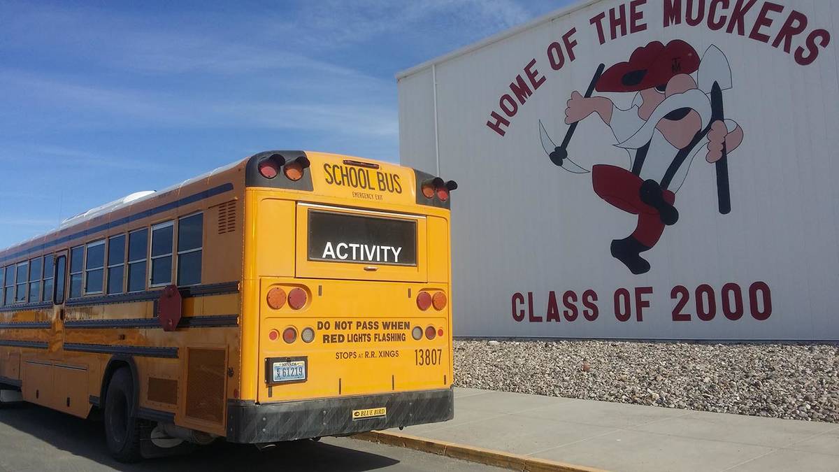 David Jacobs/Pahrump Valley Times A school bus is stopped in front of Tonopah High School as sh ...