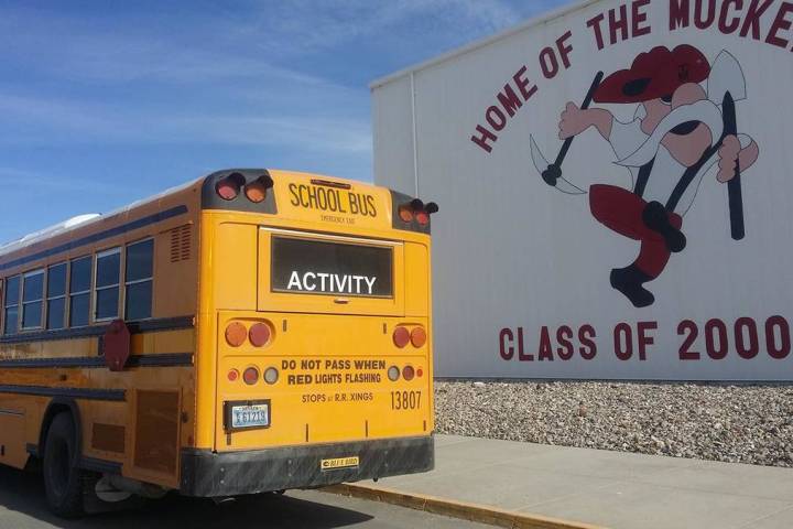 David Jacobs/Pahrump Valley Times A school bus is stopped in front of Tonopah High School as sh ...