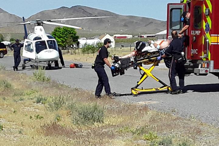 Selwyn Harris/Pahrump Valley Times Pahrump Valley Fire and Rescue Services medics prepare to tr ...