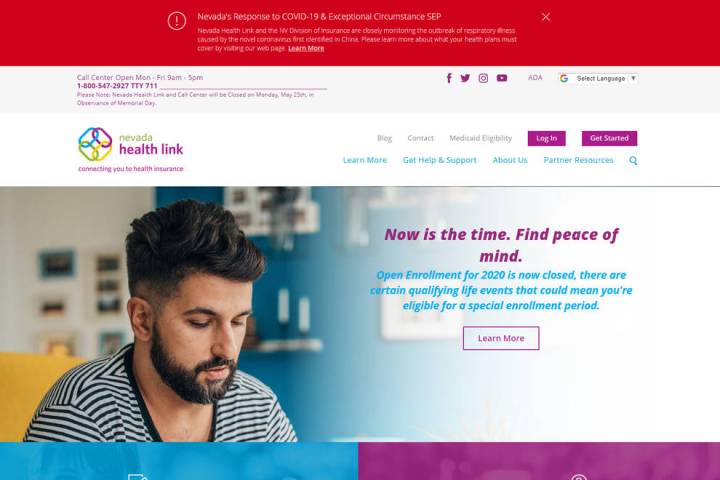 Screenshot of the Nevada Health Link website In response to Gov. Steve Sisolak’s March 12 Em ...