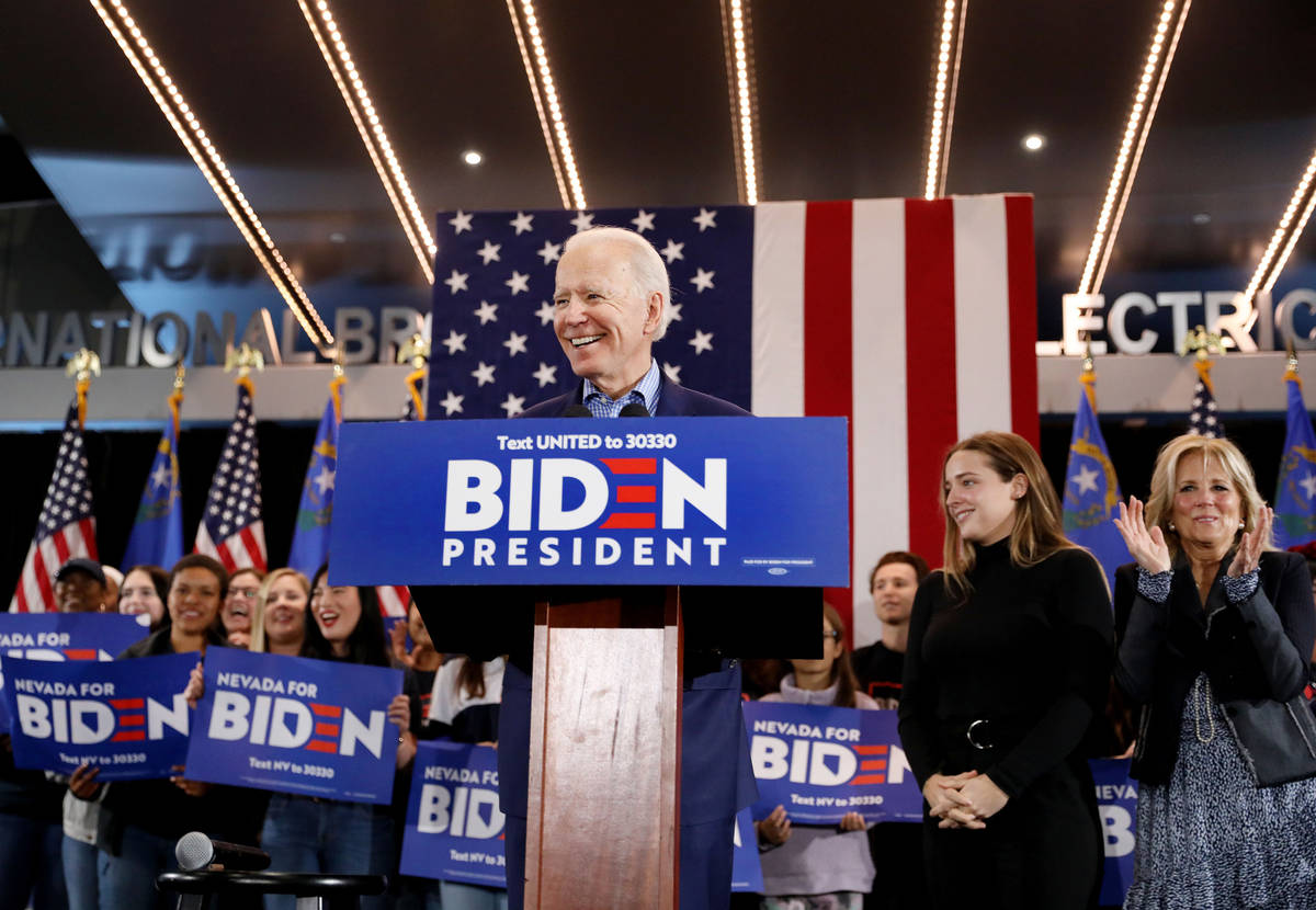 Elizabeth Page Brumley/Las Vegas Review-Journal Joe Biden speaks during a caucus night event at ...