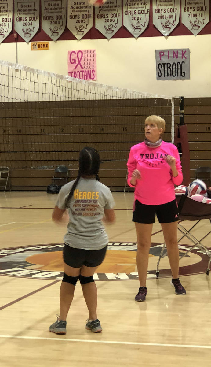 Tom Rysinski/Pahrump Valley Times Coach Jill Harris plays setter during a volleyball drill in t ...
