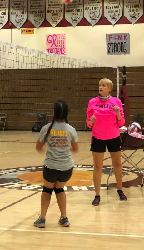 Tom Rysinski/Pahrump Valley Times Coach Jill Harris plays setter during a volleyball drill in t ...