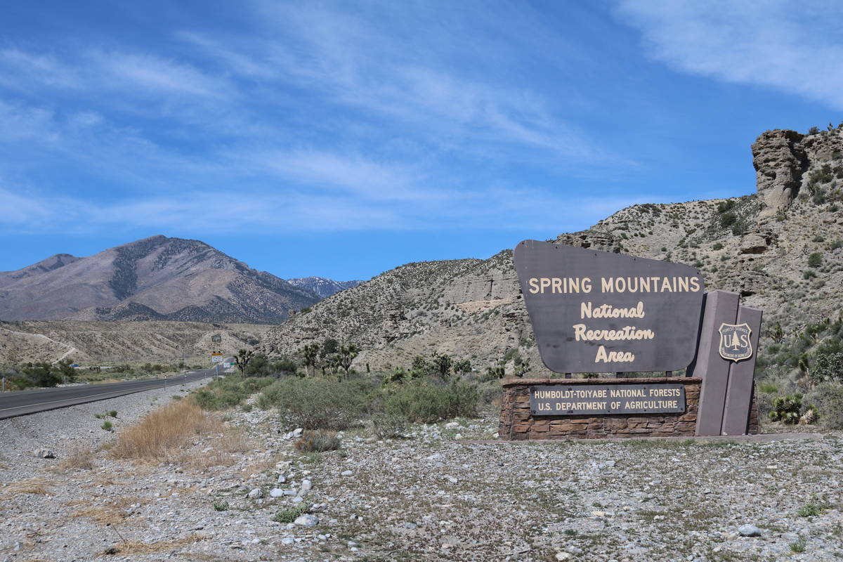 The Spring Mountain National Recreation Area sign is seen outside Las Vegas, Tuesday, April 24, ...