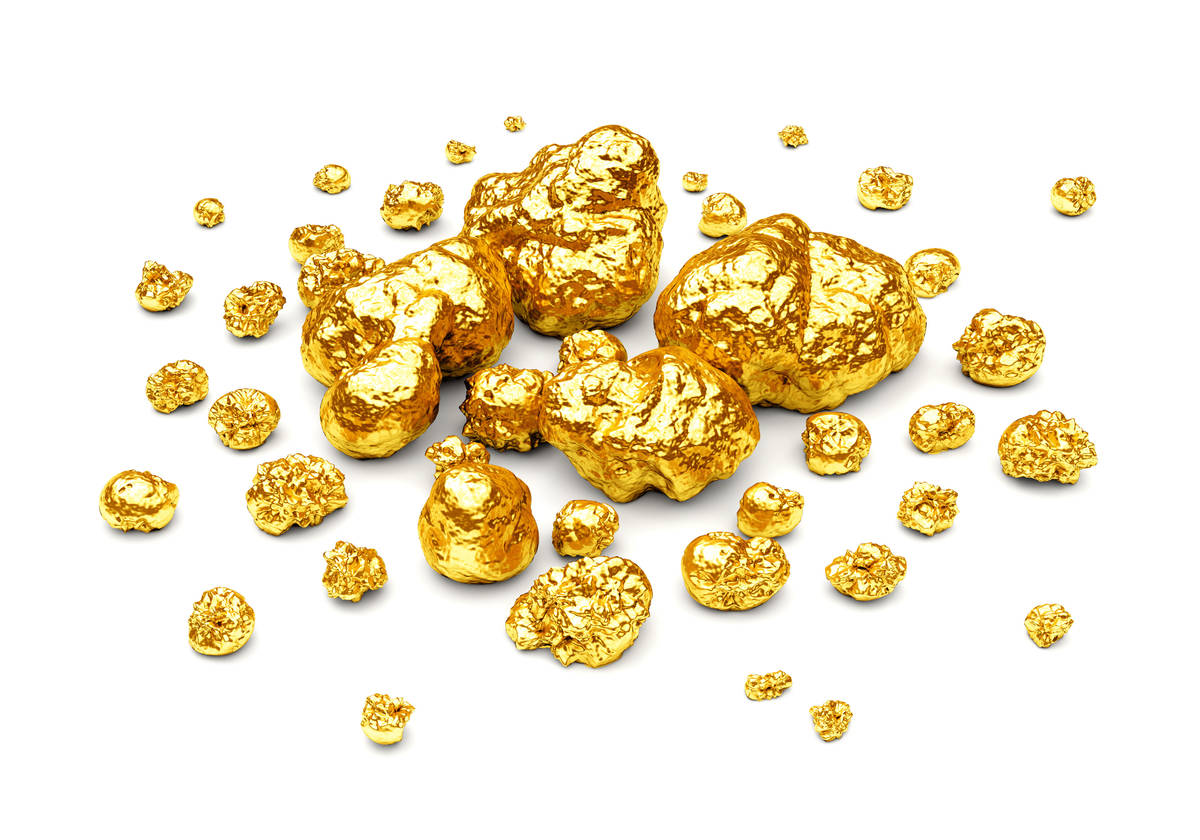 Golden nuggets. Group of gold stones of different size isolated on white background.