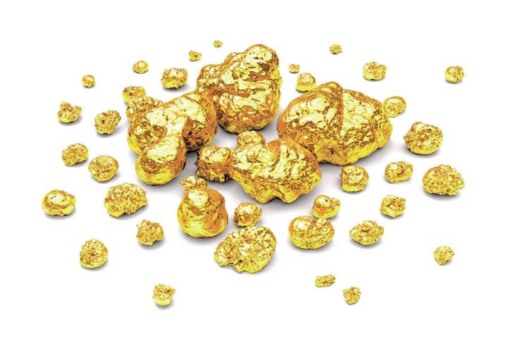 Golden nuggets. Group of gold stones of different size isolated on white background.