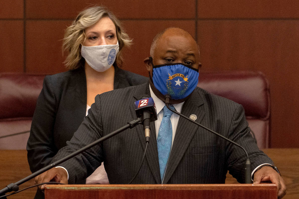 Assembly Speaker Jason Frierson during a press conference with Senate Majority Leader Nicole Ca ...