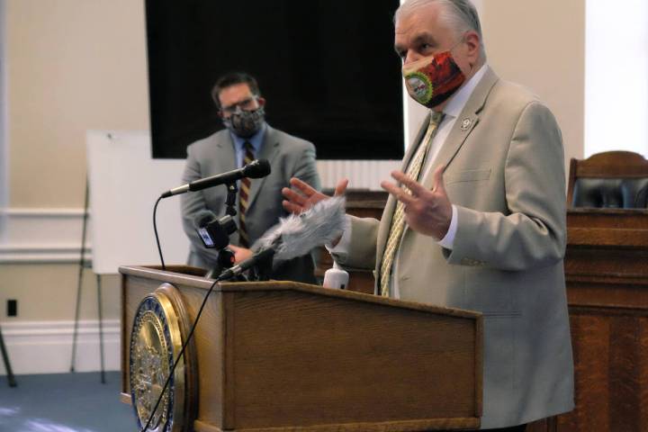 Bill Dentzer/Las Vegas Review-Journal Gov. Steve Sisolak at a press briefing at the Capitol Mon ...