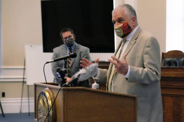 Bill Dentzer/Las Vegas Review-Journal Gov. Steve Sisolak at a press briefing at the Capitol Mon ...