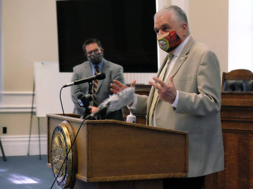 Gov. Steve Sisolak at a press briefing at the Capitol Monday on the state's new COVID-19 mitiga ...