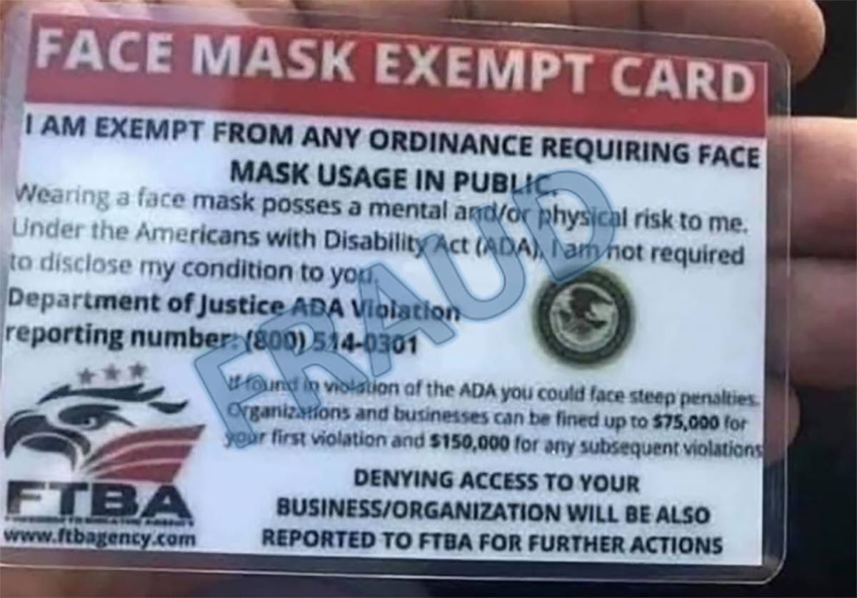 Photo courtesy of Dept. of Justice A 'Face mask exempt' card, which features a Department of Ju ...