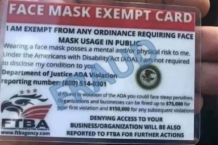 Photo courtesy of Dept. of Justice A 'Face mask exempt' card, which features a Department of Ju ...