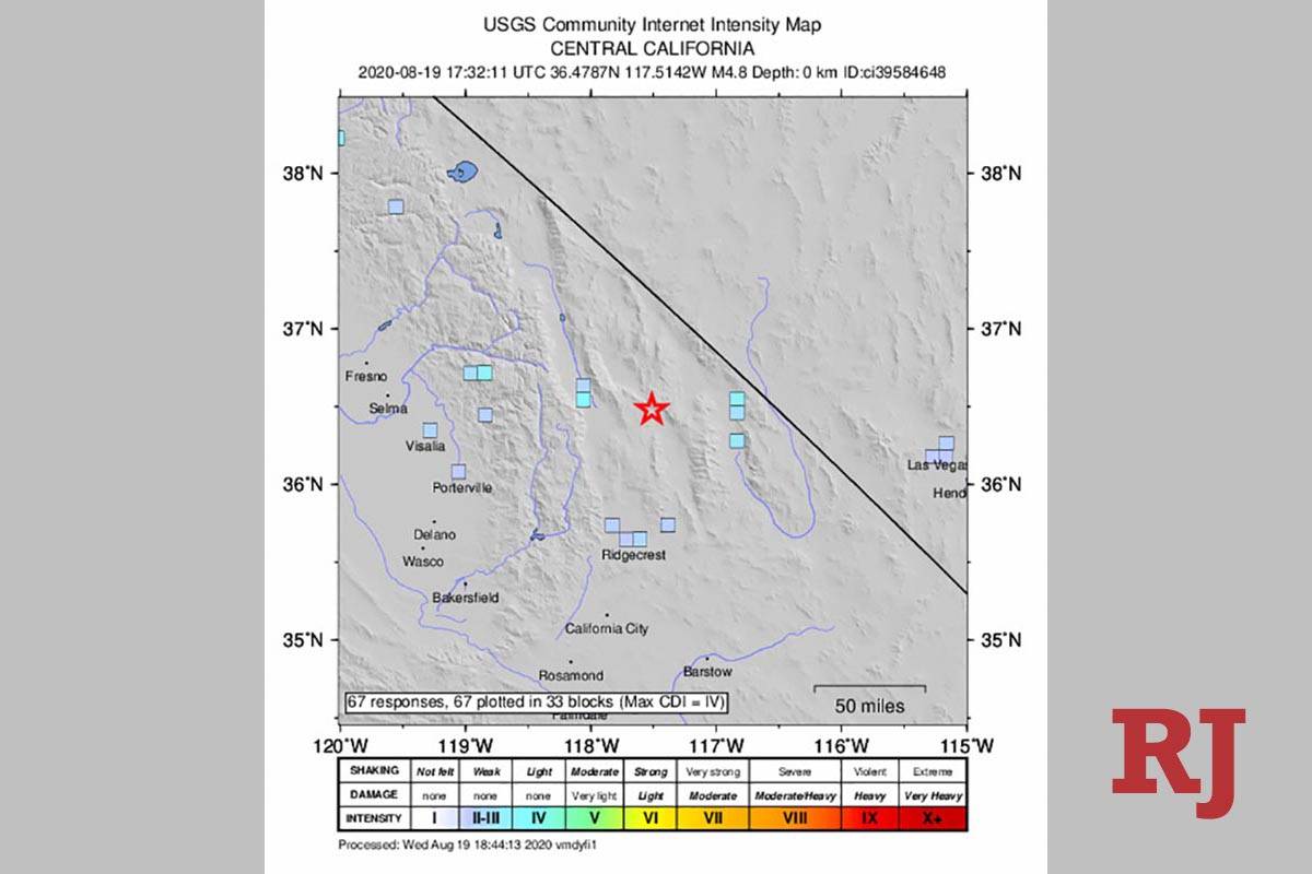 Locator map of 4.8 earthquake in Death Valley National Park in California on Wednesday, Aug. 19 ...