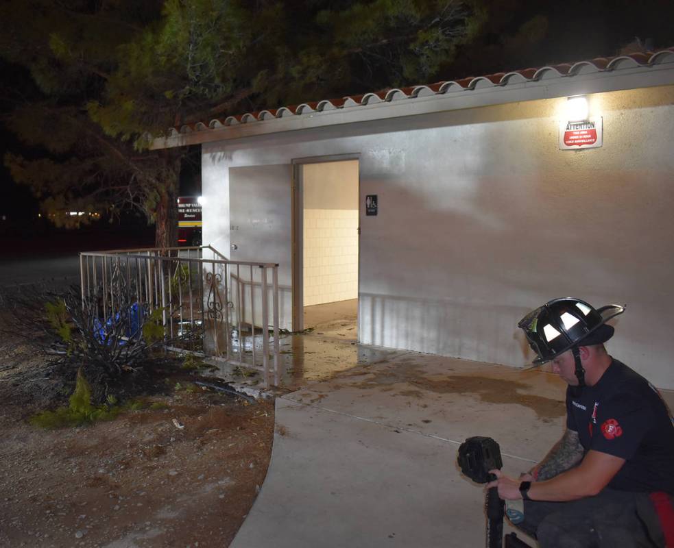 Special to the Pahrump Valley Times Fire crews extinguished a fire at the public restrooms dire ...