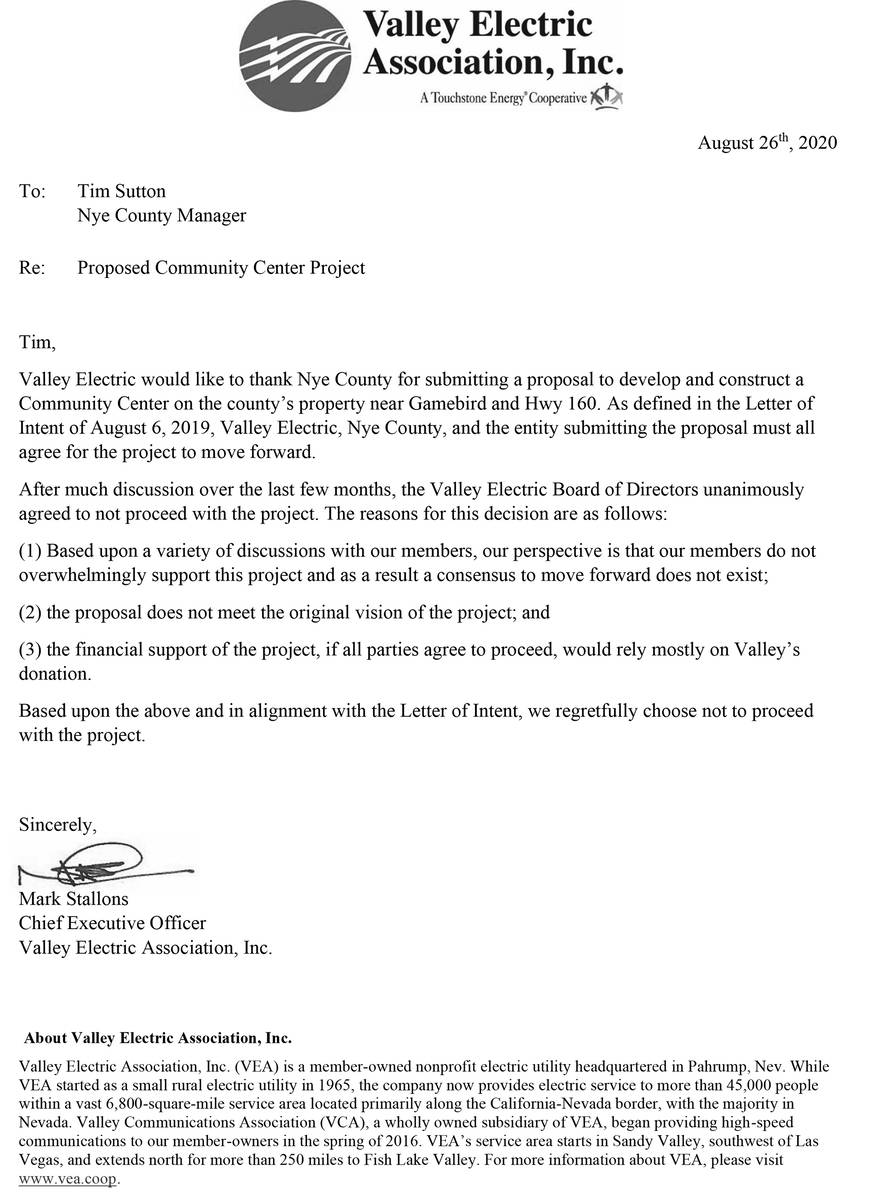 Special to the Pahrump Valley Times The letter from Valley Electric notifying Nye County that i ...