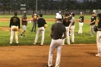 Tom Rysinski/Pahrump Valley Times Coach Brian Hayes talks to players on Pahrump's club baseball ...