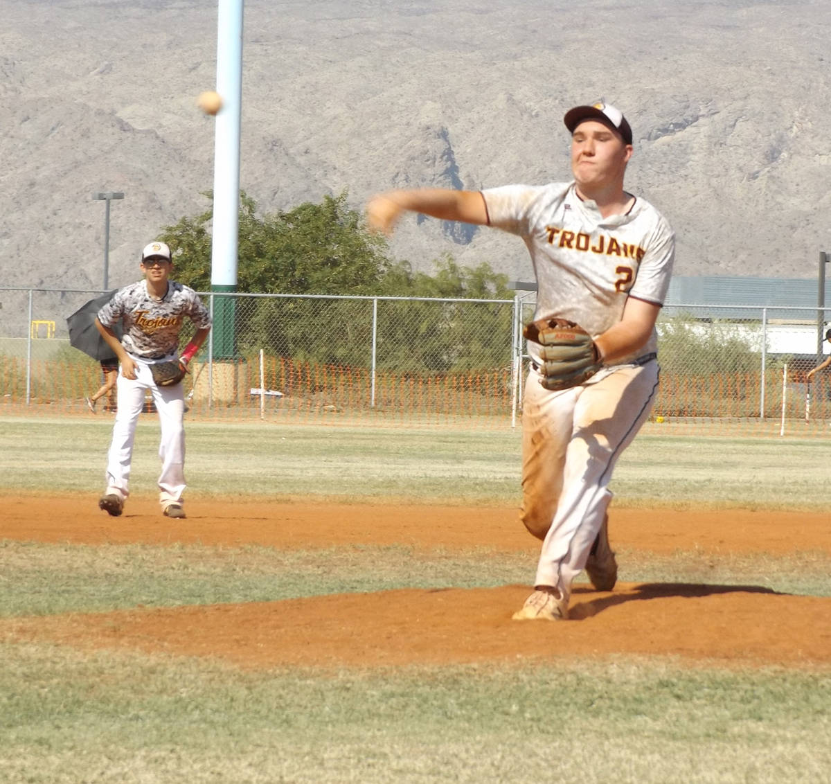 Charlotte Uyeno/Pahrump Valley Times Trojans Maroon's Leo Finkler was on the mound for the team ...