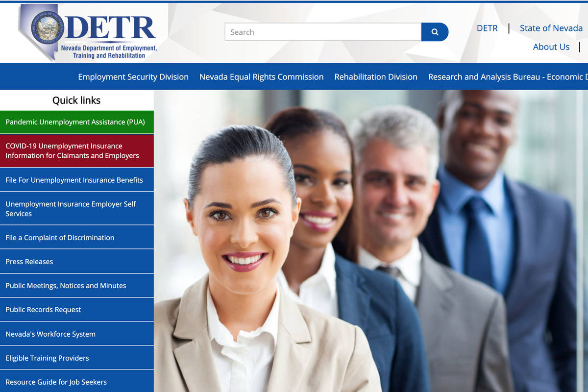 A screenshot of Nevada Department of Employment, Training and Rehabilitation's website. (DETR) ...