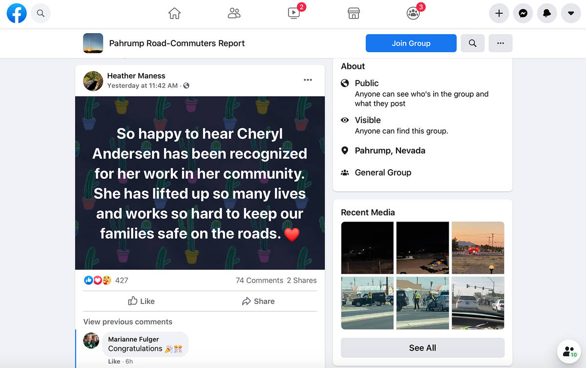 Screenshot This screenshot shows the Pahrump Road-Commuters Report Facebook page, with a post a ...
