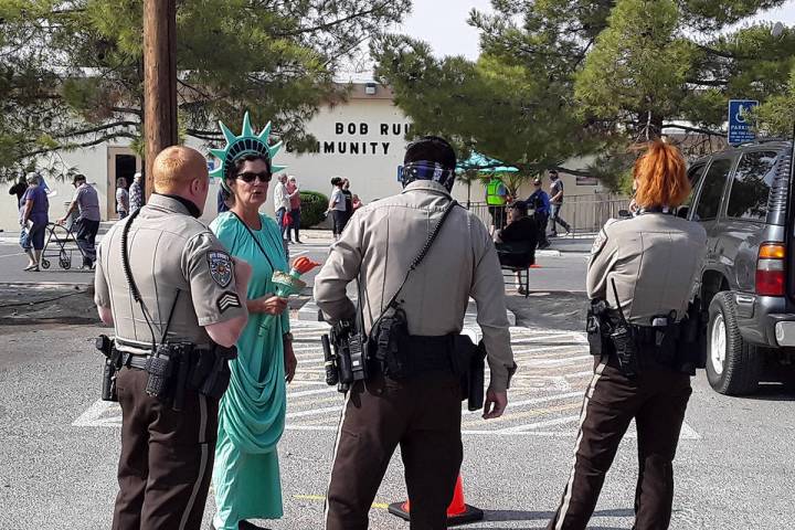 Selwyn Harris/Pahrump Valley Times Dressed as Lady Liberty, local resident Pamela Morgan speaks ...