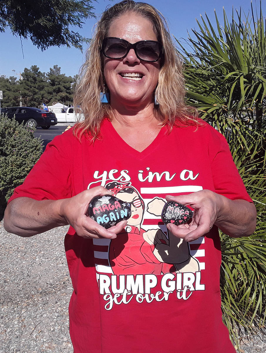 Selwyn Harris/Pahrump Valley Times New Hampshire resident Betty Ebert displays two of her 'Trum ...