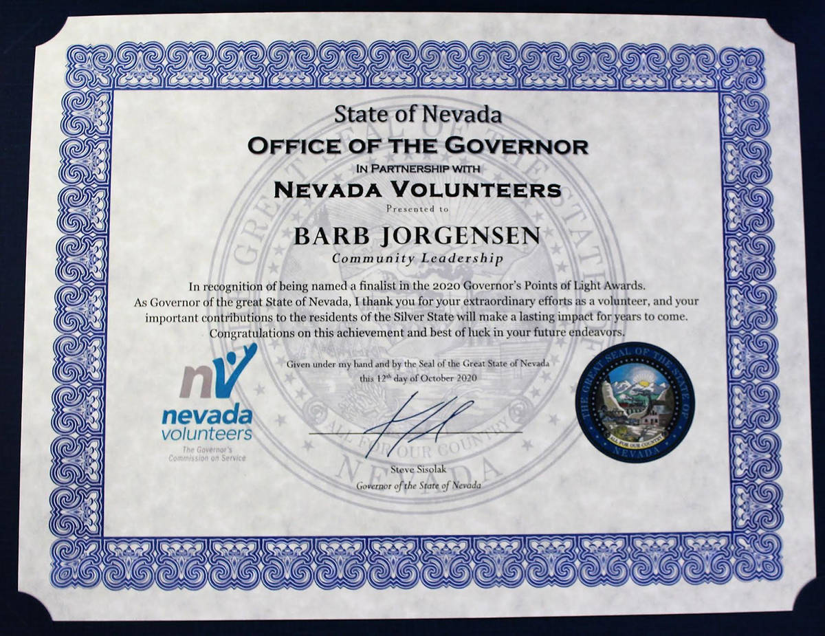 Special to the Pahrump Valley Times Shown is the certificate Barbara Jorgenson received commemo ...