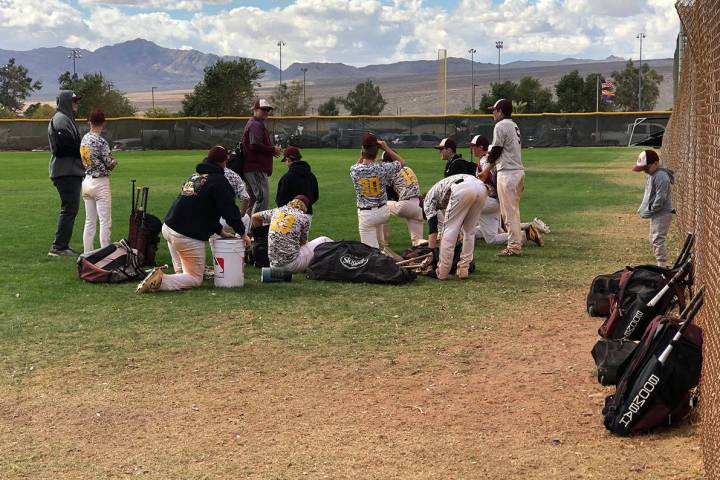 Tom Rysinski/Pahrump Valley Times Pahrump baseball coach Brian Hayes talks to his players at th ...