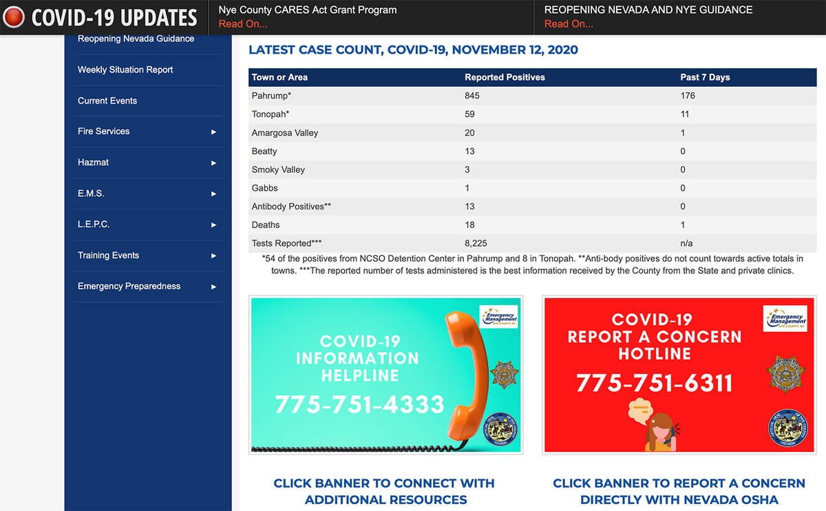Screenshot This screenshot shows Nye County's COVID-19 information page, which contains a varie ...