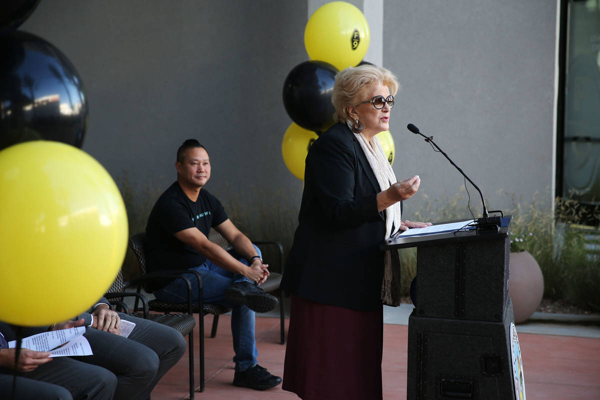 In this Sept. 18, 2018, file photo, Las Vegas Mayor Carolyn Goodman, right, with Zappos CEO Ton ...