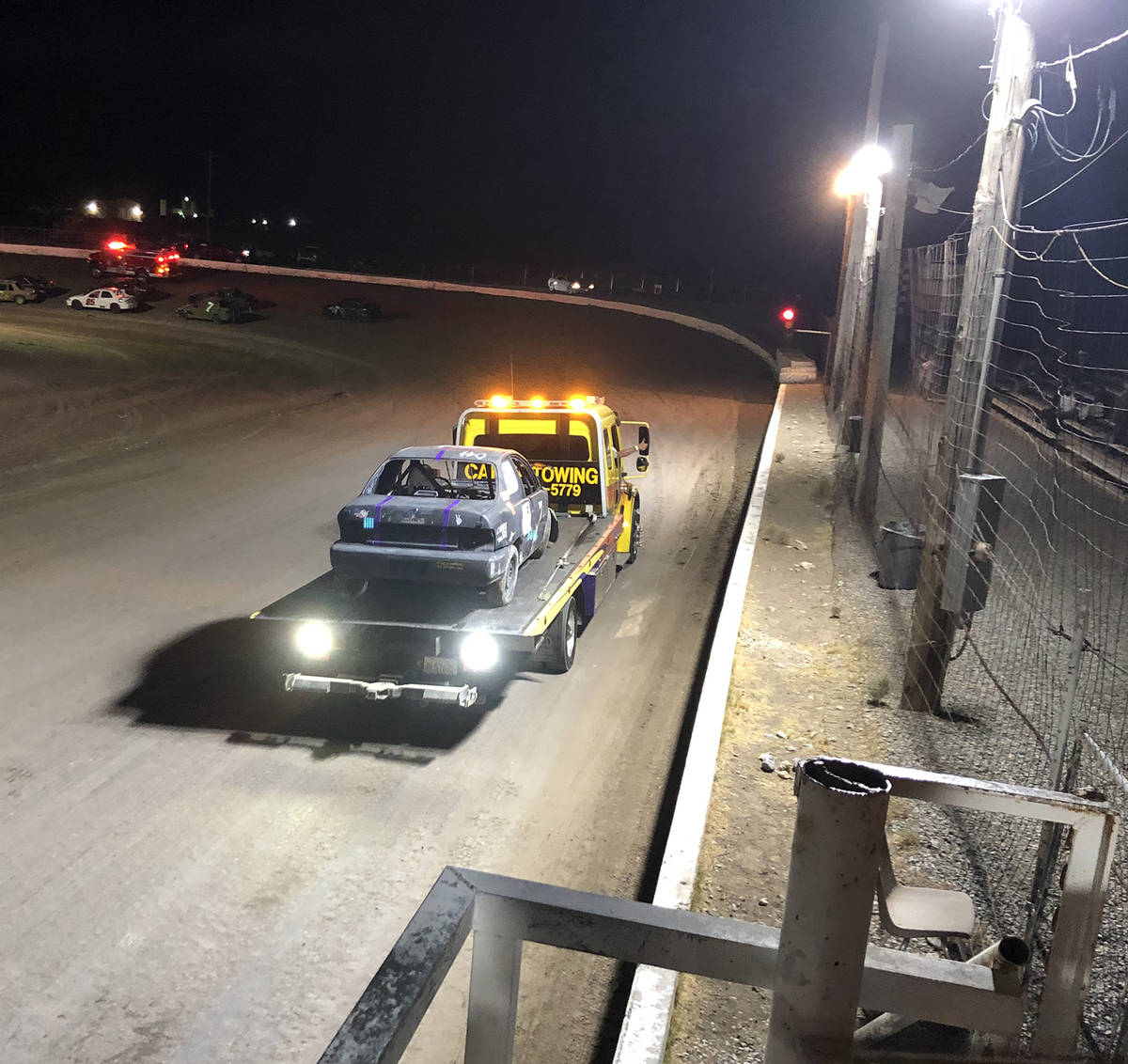Tom Rysinski/Pahrump Valley Times Tanner Reynolds' No. 7 car gets a ride off the track during t ...