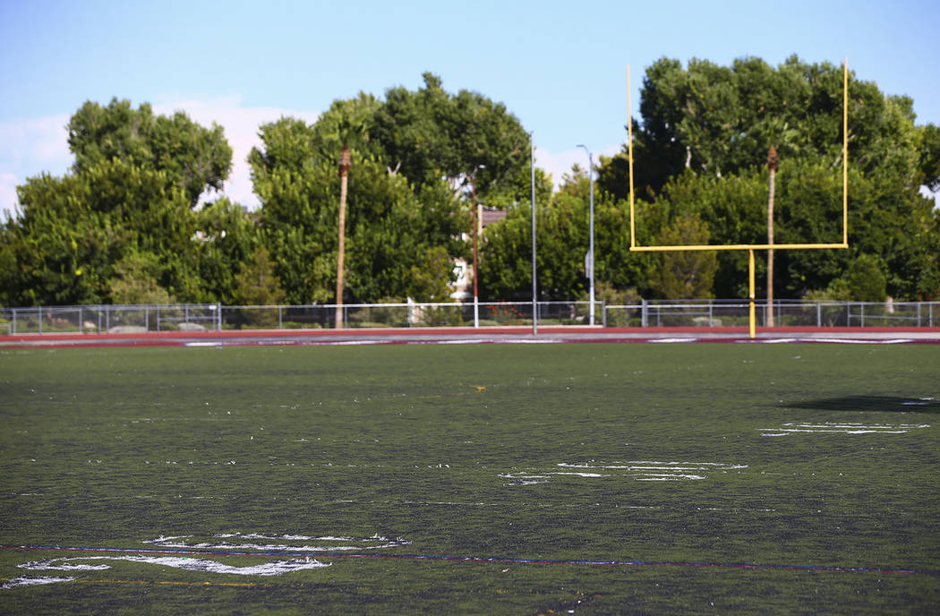 File photo A view of the deteriorating turf at the football field at Valley High School in Las ...