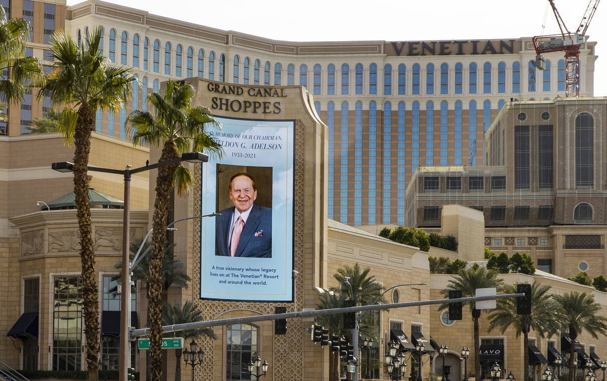 Tribute to Sheldon Adelson on the marquee at Grand Canal Shoppes at Palazzo on Tuesday, Jan. 12 ...
