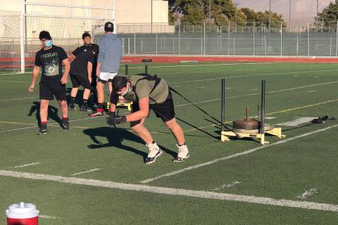 Tom Rysinski/Pahrump Valley Times Pahrump Valley High School football player Elijah Begin pulls ...