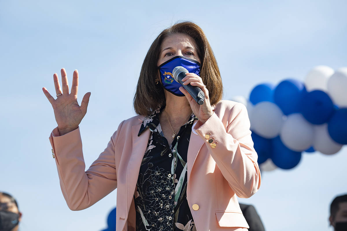 Sen. Catherine Cortez Masto, D-Nev., speaks at an event to promote early voting at the East Las ...