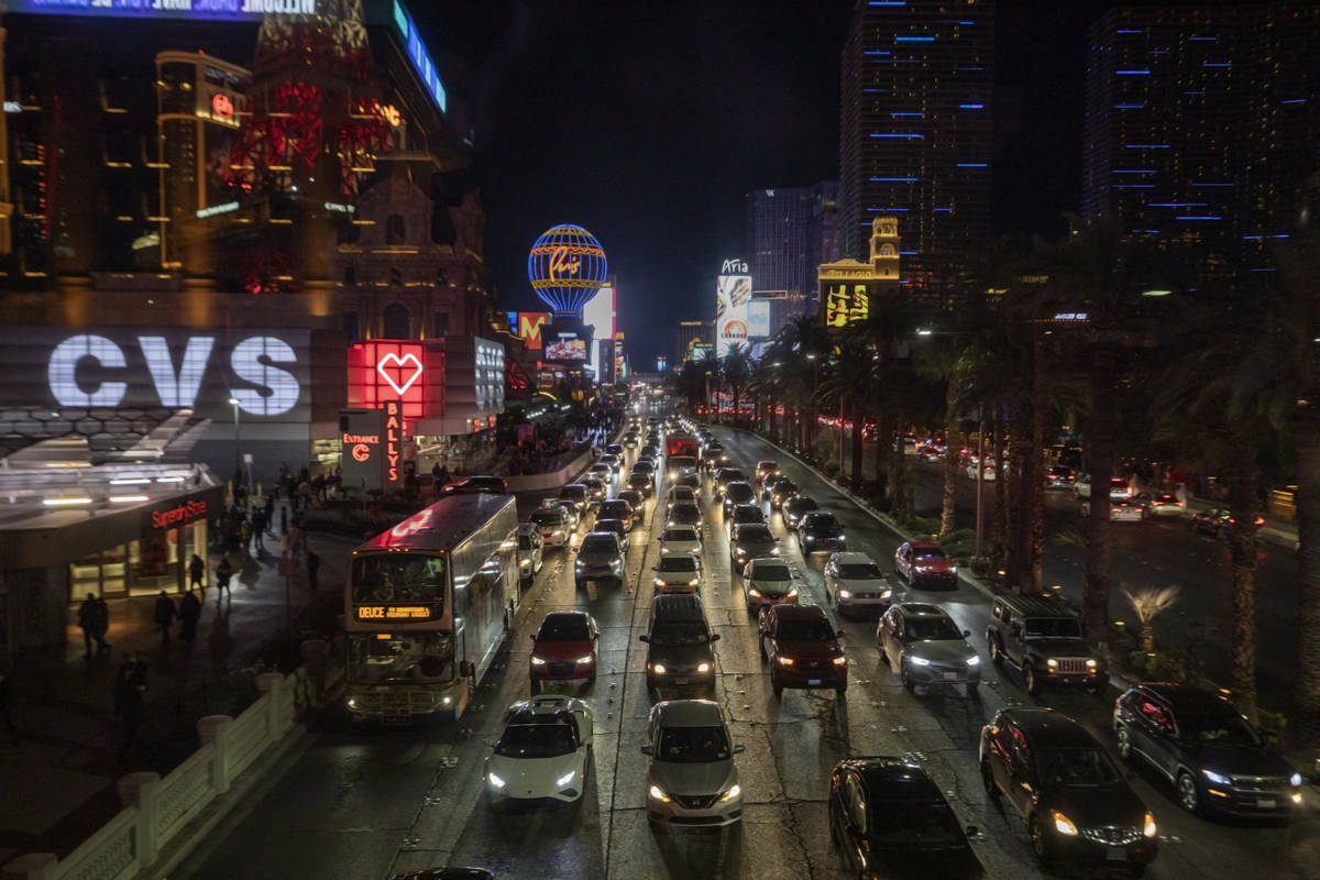 Heavy traffic moves through the Strip on Las Vegas Blvd., Friday, Nov. 27, 2020, in Las Vegas. ...