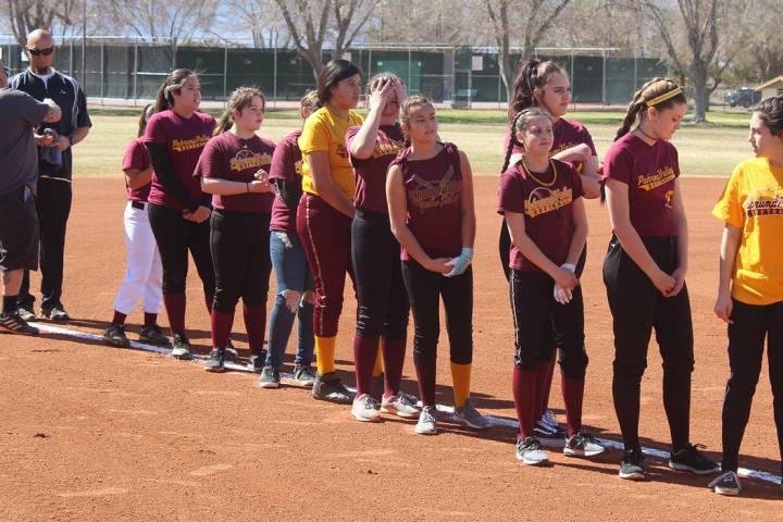 File photo Pahrump youth softball players line up before a fundraiser before the 2018 season. T ...