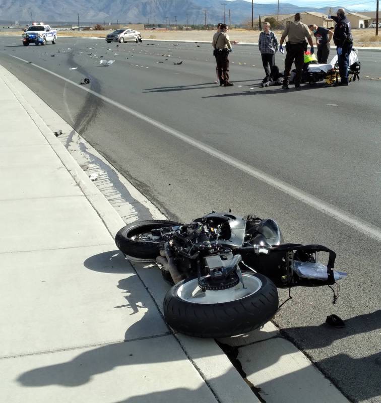 Selwyn Harris/Pahrump Valley Times The rider of a motorcycle was transported by Mercy Air to UM ...