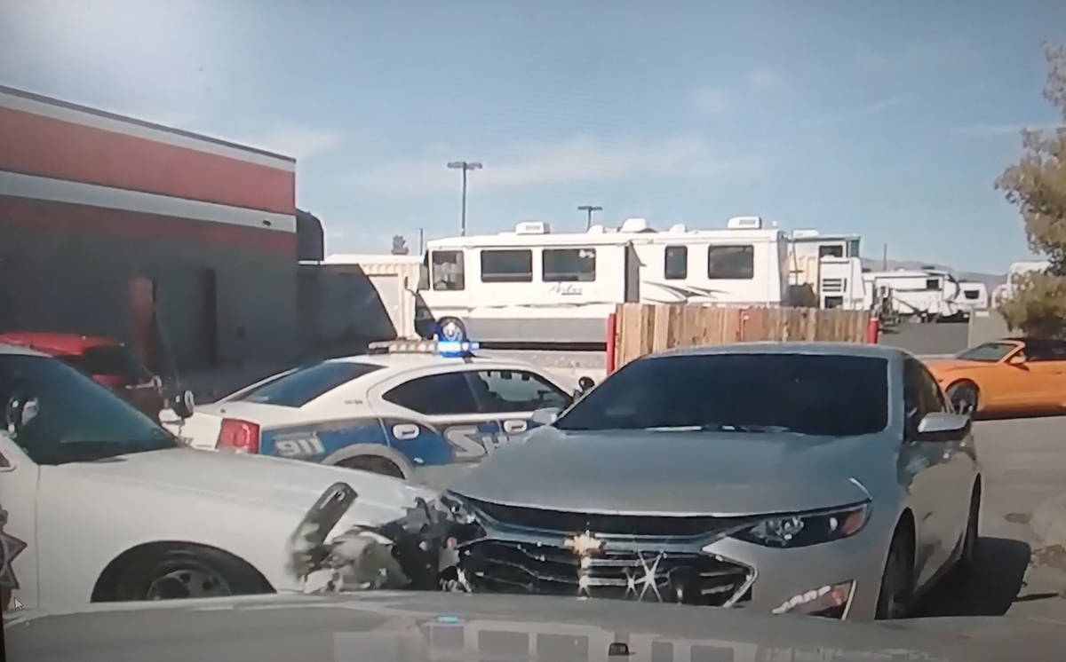 Special to the Pahrump Valley Times A sheriff's vehicle dash cam captures the moment when a lat ...