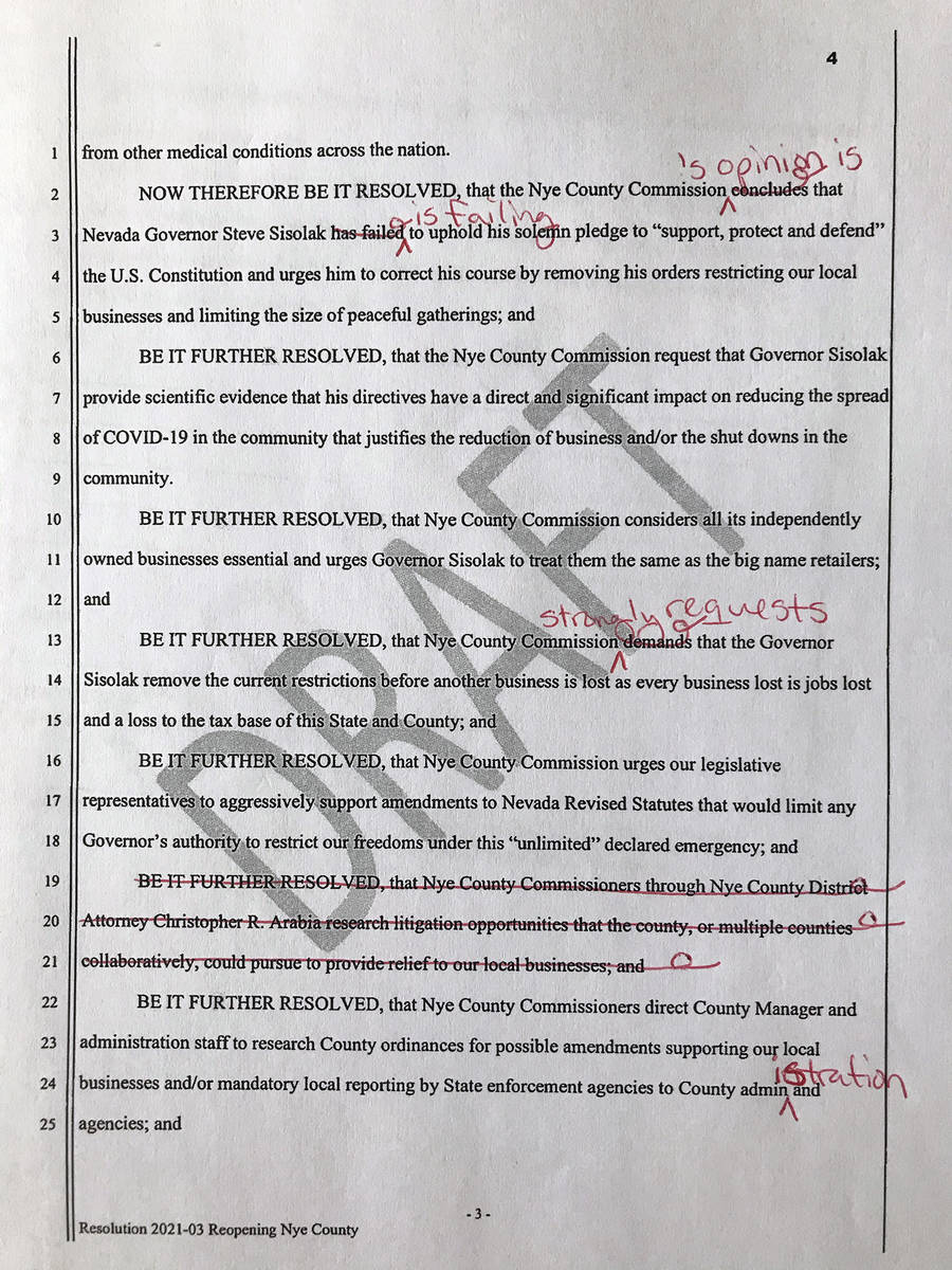 Robin Hebrock/Pahrump Valley Times A marked-up draft of page three of the county's COVID-19 res ...